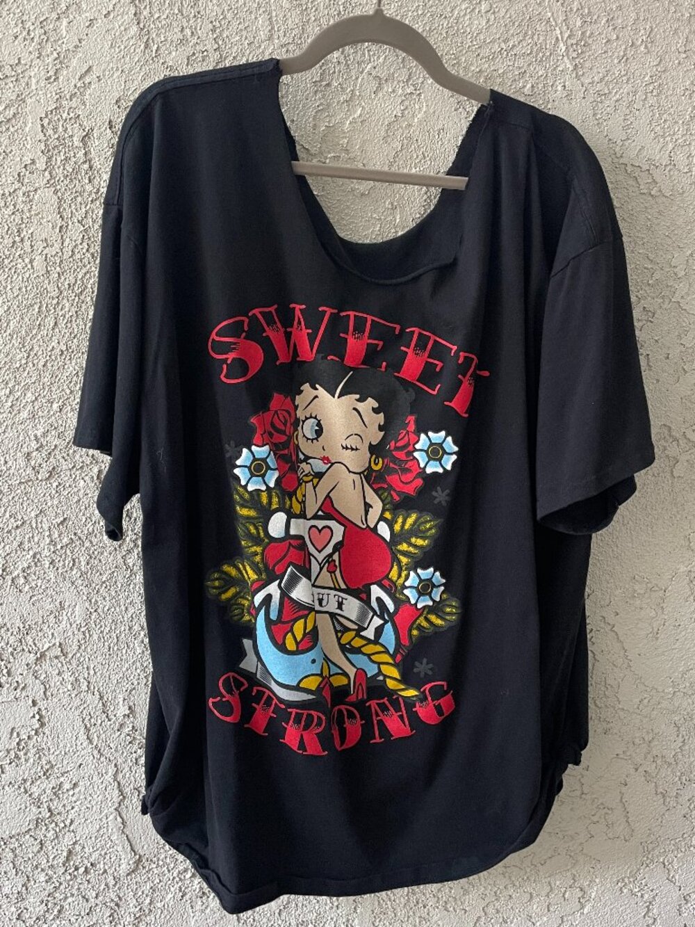 Betty Boop Sweet But Strong Tattoo Graphic Tee Black Oversized Scoop Neck 2X